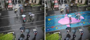 На дорогах Сеула во время дождя появляются красочные фрески (ФОТО