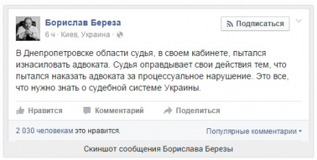 В Днепропетровской области судья пытался изнасиловать адвоката, - Береза