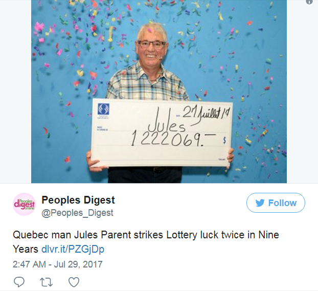 Большой куш: Канадец второй раз выиграл в лотерею миллион долларов